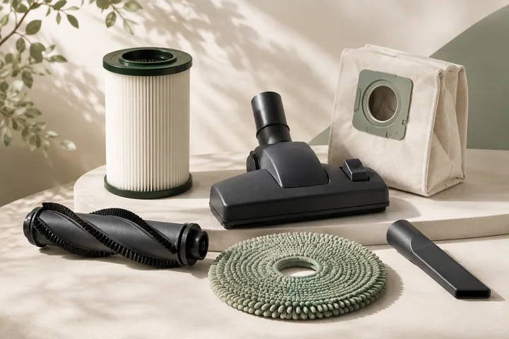 Filtres, brosse, sac et accessoires d’aspirateur disposés sur un fond ivoire